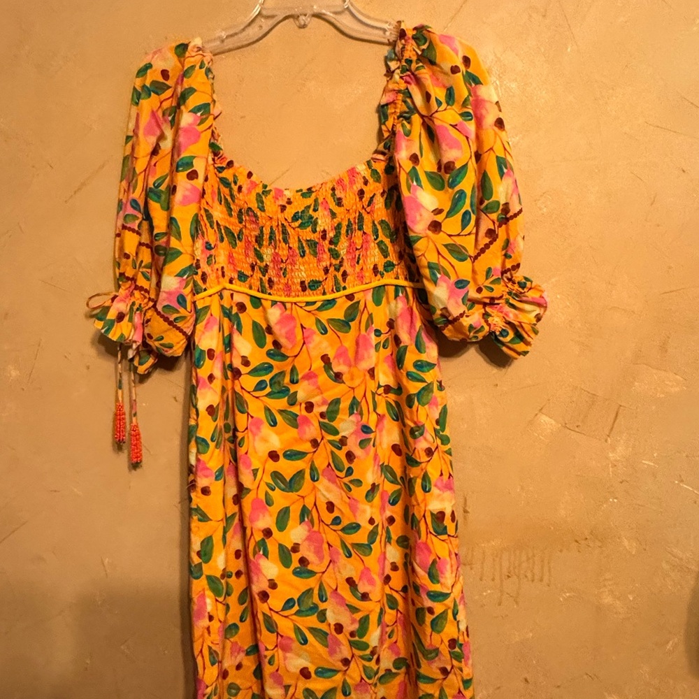 Farm Rio Sz Small Cashew Smocked Mini cotton silk dress Travel Party